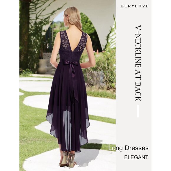 BeryLove Women Grape Chiffon Scoop Neck Sleeveless Lace Cocktail Dress - Picture 3 of 7